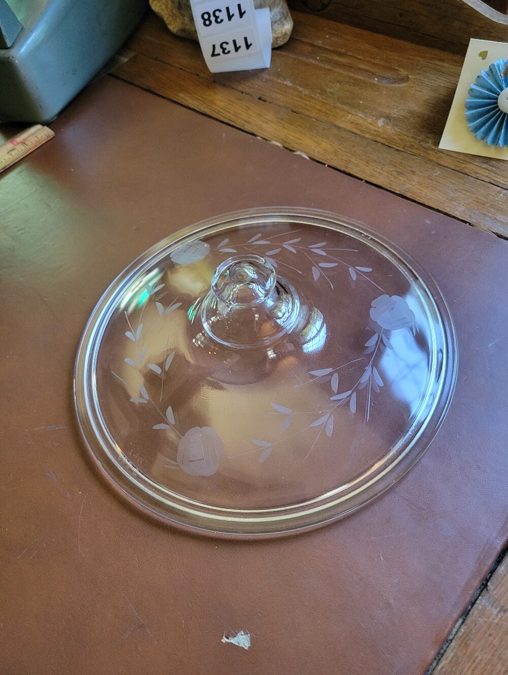 PYREX Round Knobed ETCHED FLORAL Glass REPLACEMNT Vintage Lid #A-0 #623C 7-3/8"
